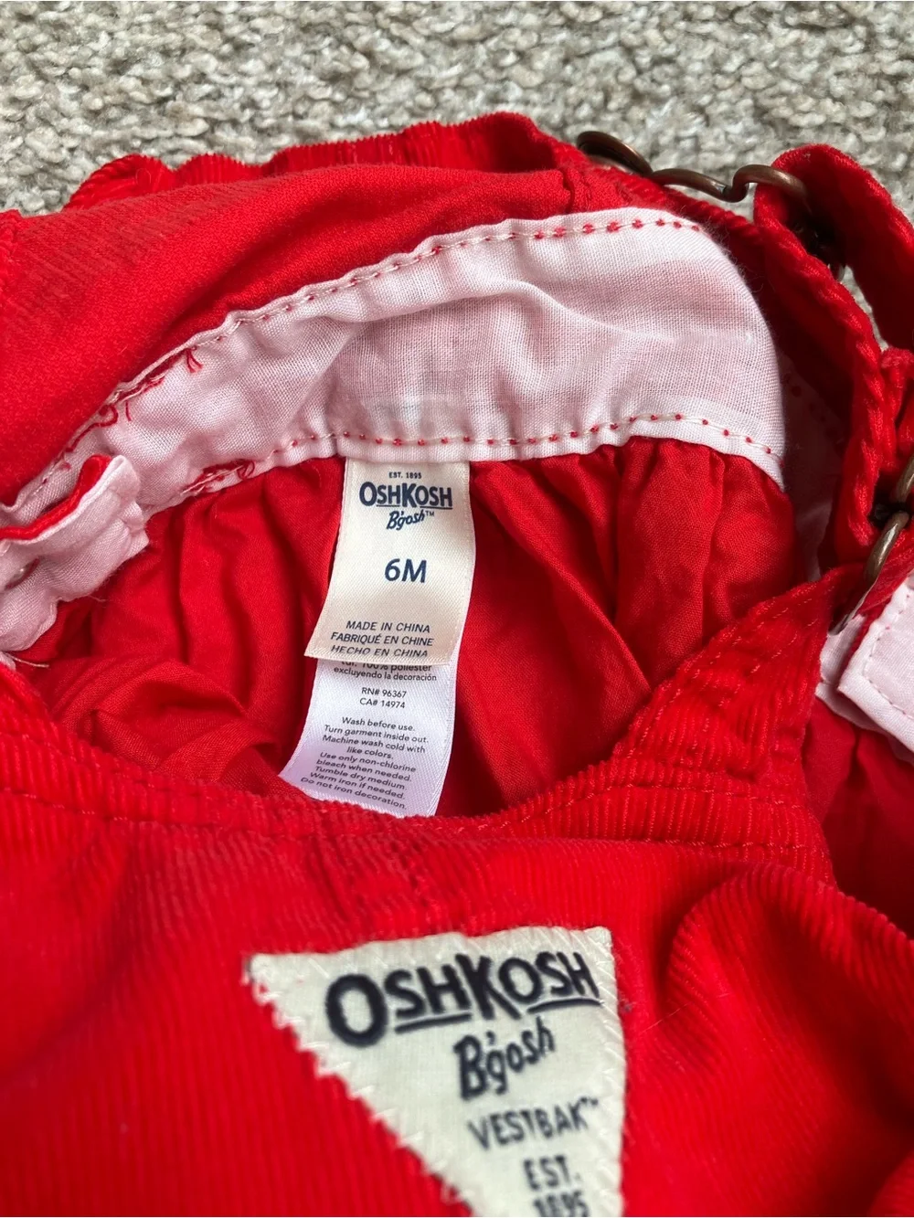 OshKosh B'gosh Bright Red Corduroy Overall Dress with Plaid Flower